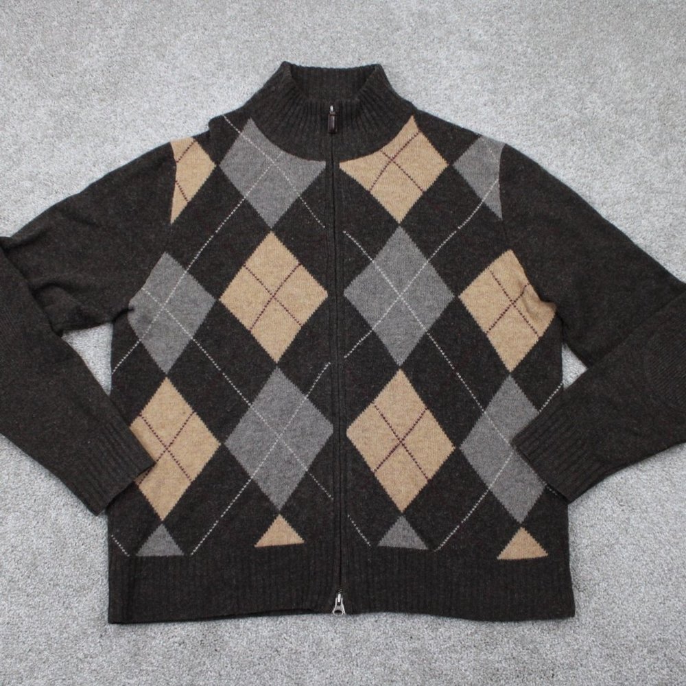 J. Crew Lambswool Sweater Mens Large Brown/Tan Argyle Full Zip L/S Sweatshirt